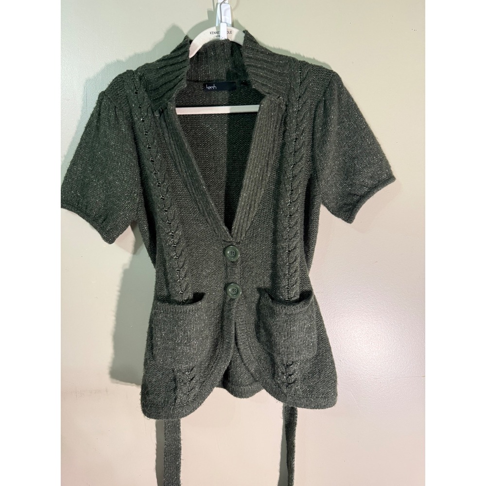 Kersh Womens Olive Green Short Sleeve Belted Cardigan Sweater Wool Blend Large